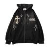 Men's Hooded Zip-Up Cardigan Sweatshirt with Cross & Flame Embroidery, Fleece-Lined, Trendy Loose Fit for Couples, Perfect for Spring and Autumn.