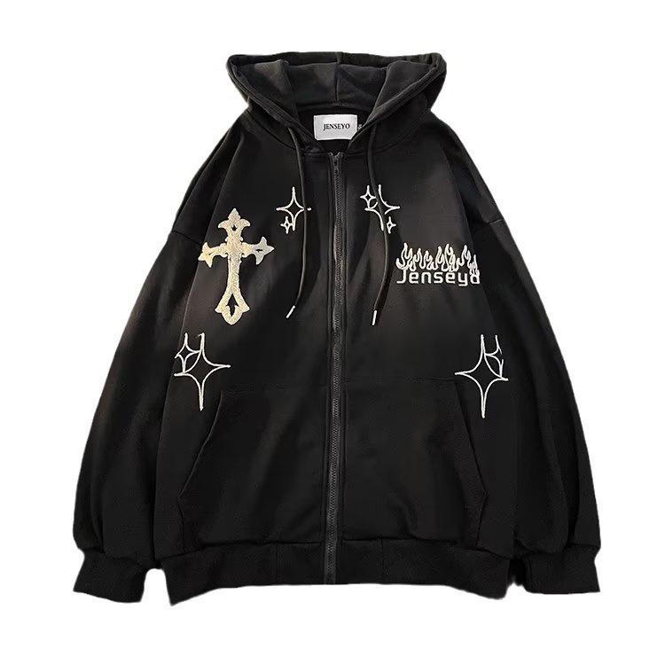 Men's Hooded Zip-Up Cardigan Sweatshirt with Cross & Flame Embroidery, Fleece-Lined, Trendy Loose Fit for Couples, Perfect for Spring and Autumn.