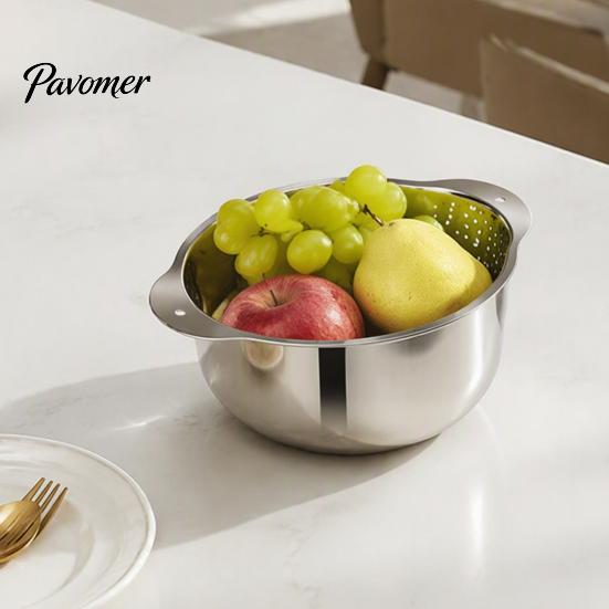 Rust Proof Food Strainer 304 Stainless Steel Colander with Side Drainage Holes, 3-in-1 Kitchen Bowl for Washing Rice Vegetables Fruits, Large Capacity