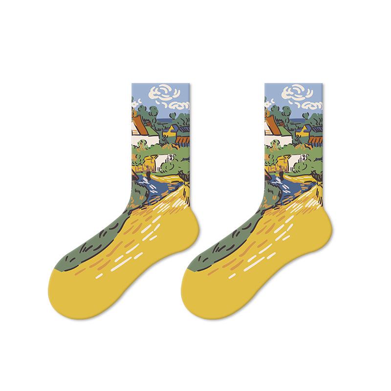 Women's Retro Oil Painting Mid-Calf Socks - 2025 Autumn Cotton Trend, Boneless Design for Couples