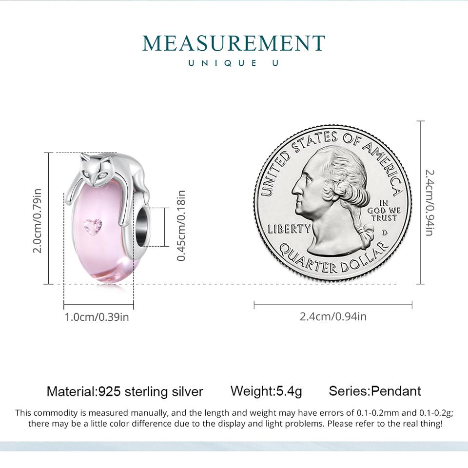 Bamoer 925 Sterling Silver Růžové skleněné korálky Stříbrné kočičí přívěsky Kubické zirkonie pro ženy Originální náramek jemné šperky