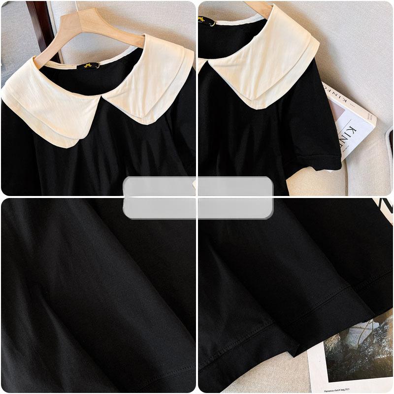 Tricou damă mărime Plus de vară Bumbac cu mâneci scurte Top cu gât de păpușă Tricou simplu