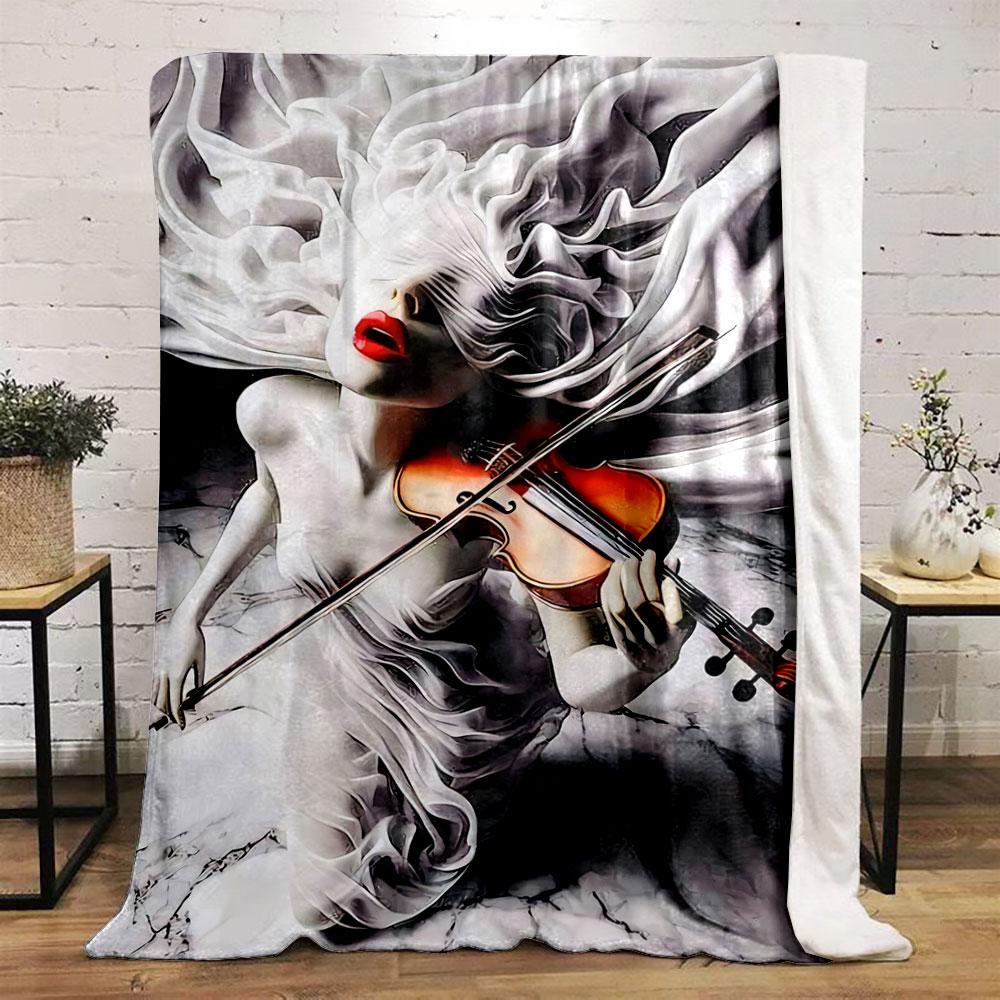 Flowing white fabric, vibrant violin, and bold red lips on marble. for all seasons blanket lunch break throw gift