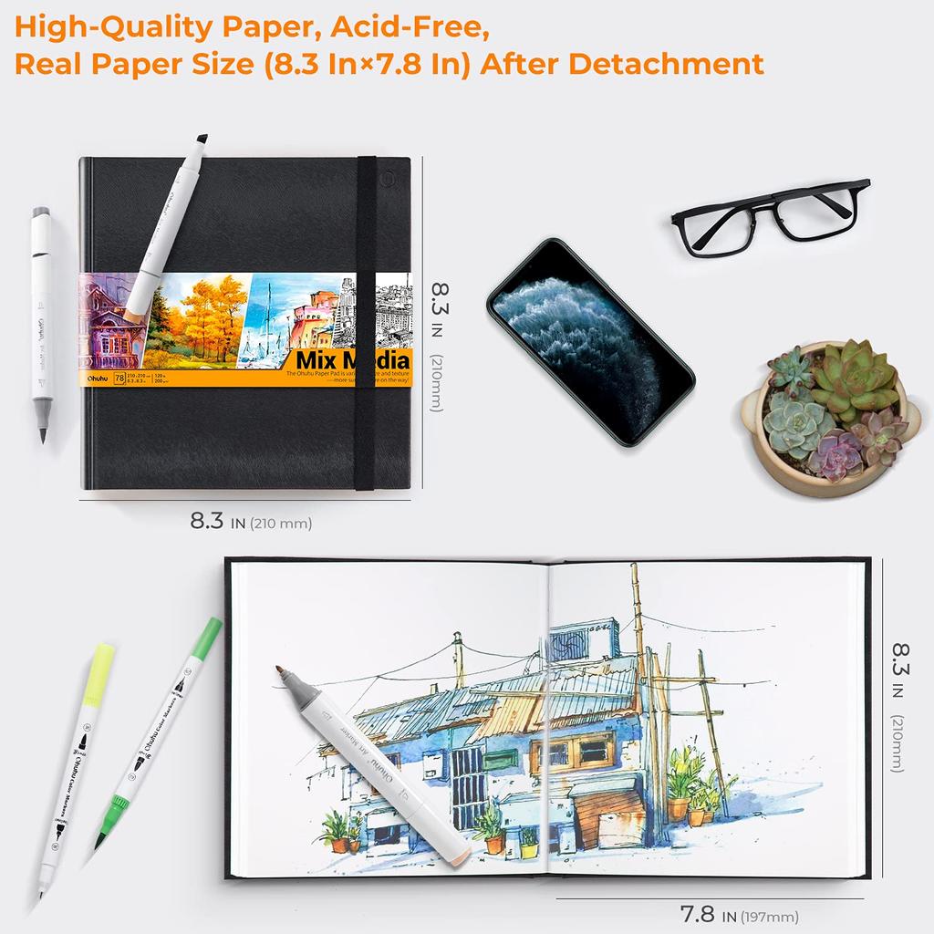Ohuhu Bloc de Dibujo Mixto 78 200gsm Medio Acrílico y Acuarela Adecuado para Niños y Acuarela de Colores y Regalo de Navidad Bloc de Dibujo,