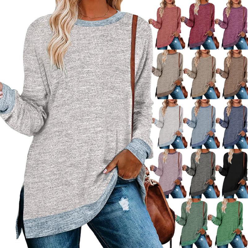 2026 New Long-Sleeve Round-Neck Color-Block Slit Top for Women, Loose Casual Pullover T-Shirt