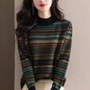 Half Turtleneck Knitted Sweater for Women Vintage Jacquard Sweater Fashionable Striped Casual Pullover for Autumn and Winter