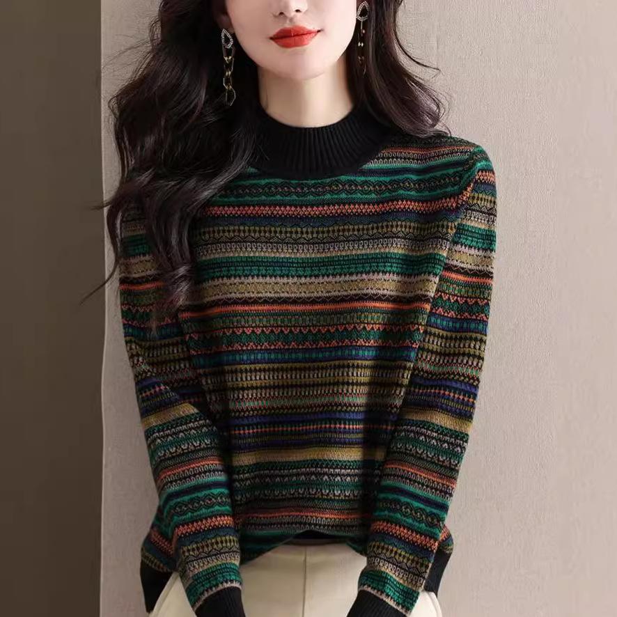 Half Turtleneck Knitted Sweater for Women Vintage Jacquard Sweater Fashionable Striped Casual Pullover for Autumn and Winter