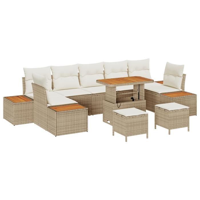 Ensemble de canapés de jardin 10 pièces avec coussins beige poly rattan acacia, Ensemble de salle à manger de jardin 3362901