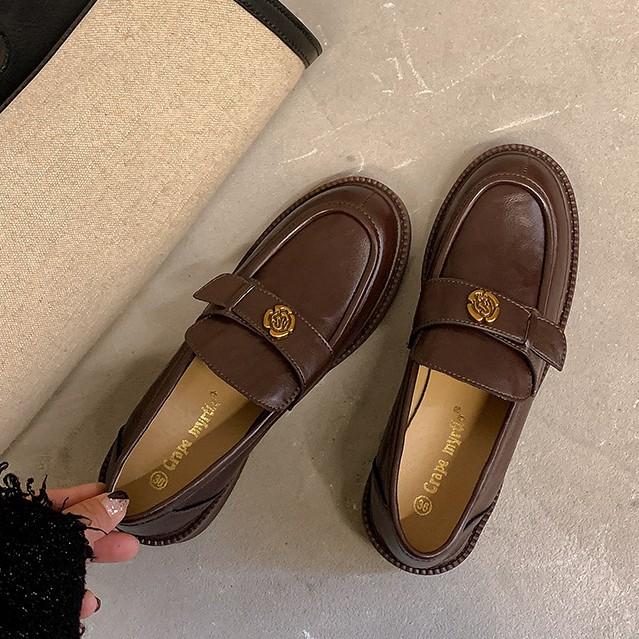British style loafers women's camellia one-pedal casual single shoes platform retro black small leather shoes retro fashion