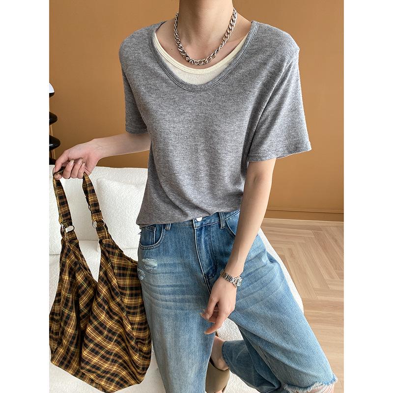 Sinan Casual Blogger Style Round Neck Two-Piece Knit T-Shirt (Short-Sleeved) - SN5531