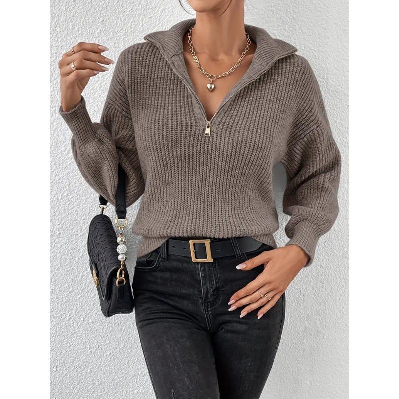 Harajuku Jednobarevný Svetr na Zip s Polo Límcem Podzim Zima Ležérní Volné Pletené Svetry Topy Dámský Zesílený Spodní Pulovr