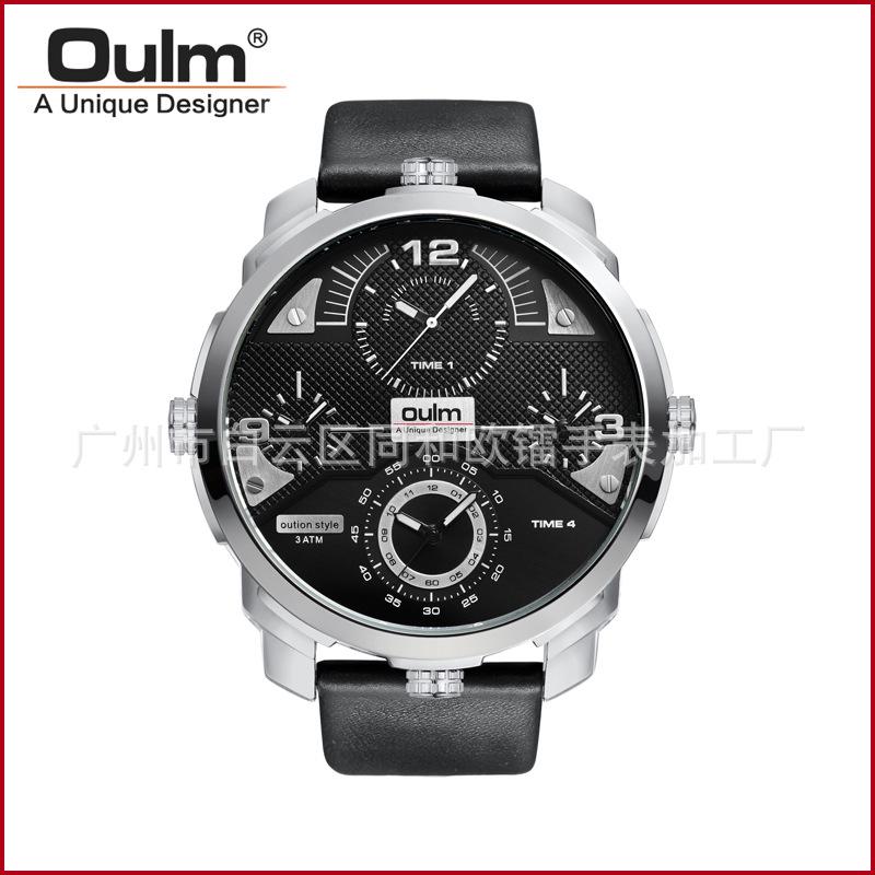 Oulm New Watch Men's Large Dial, Multi-time Zone Multi-movement, Waterproof Quartz Watch, Genuine Leather Watch