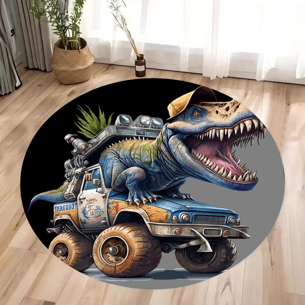 Cartoon Dinosaur Off-road Round Circle Area Rug Carpet for Living Room Bedroom Playroom Home Decor Non-slip Doormat Dropshipping 80X80CM