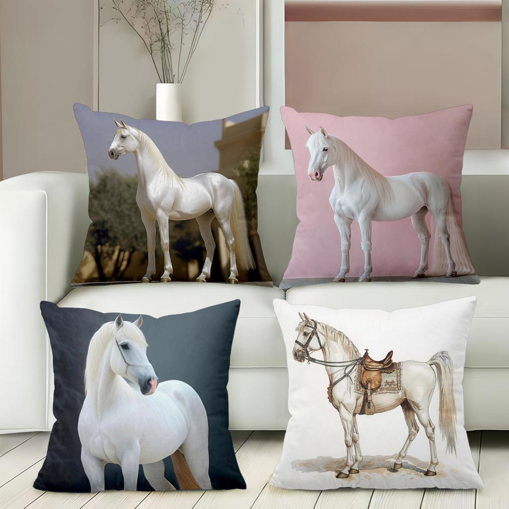 White Horse Printed Decorative Cushion Covers for Home Polyester Pillowcase, Sofa Decorative Cushion Cov Headboard Pillow