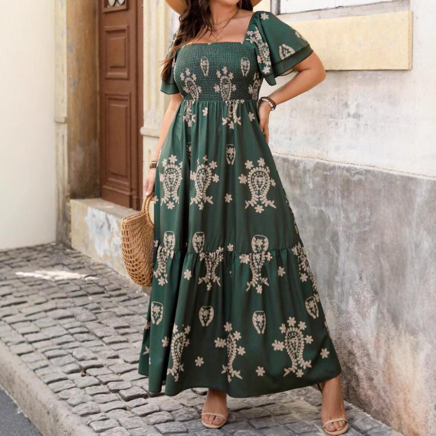 Dark Green Floral Print Square Neck Bubble Sleeve Midi Dress 0XL зелёный