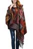 Sarah Rose Wool Poncho Ethnic Bohemian Print Soft Women's Coat/Cape/Shawl, Hoodie, Silhouette, Fall/Winter (Khaki)