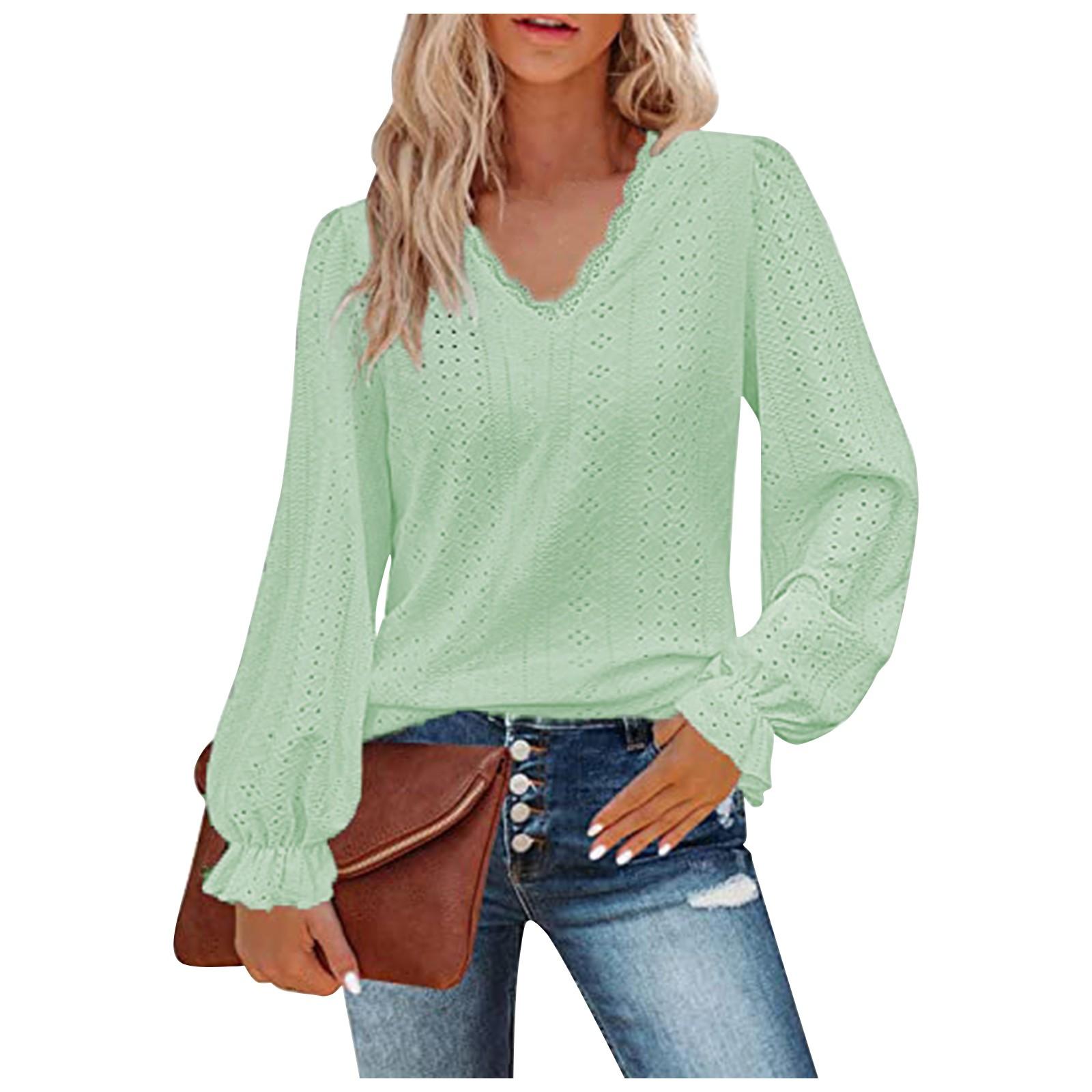 

Women s Fashion Lace Splicing V-Neck T-Shirt Casual Long Sleeve Color Top XL зелёный