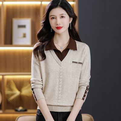 2 In 1 Notched Collar Pullover Sweater, Elegant Fake Button Long Sleeve Thin Sweater, Women's Clothing