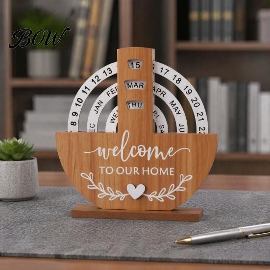 Natural Wood Perpetual Calendar Wooden Calendar, Manual Rotating Desk for Home Office Creative Gift Decor, Date Month Week Display Desktop Ornament