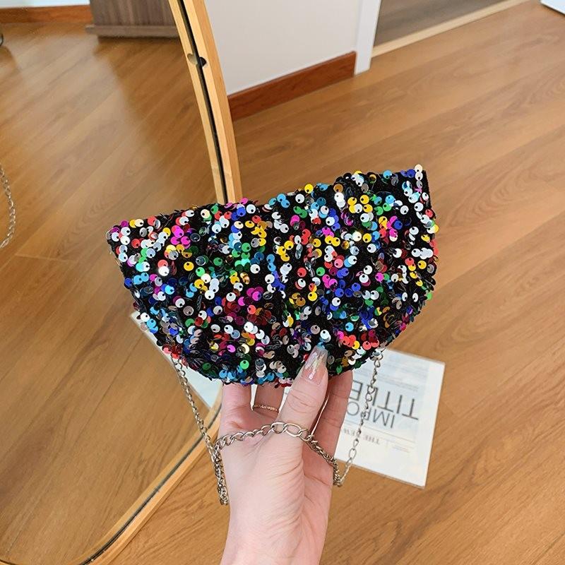 Trendy Mini Half Moon Pu Crossbody Bag With Shiny Sequins For Stylish Women