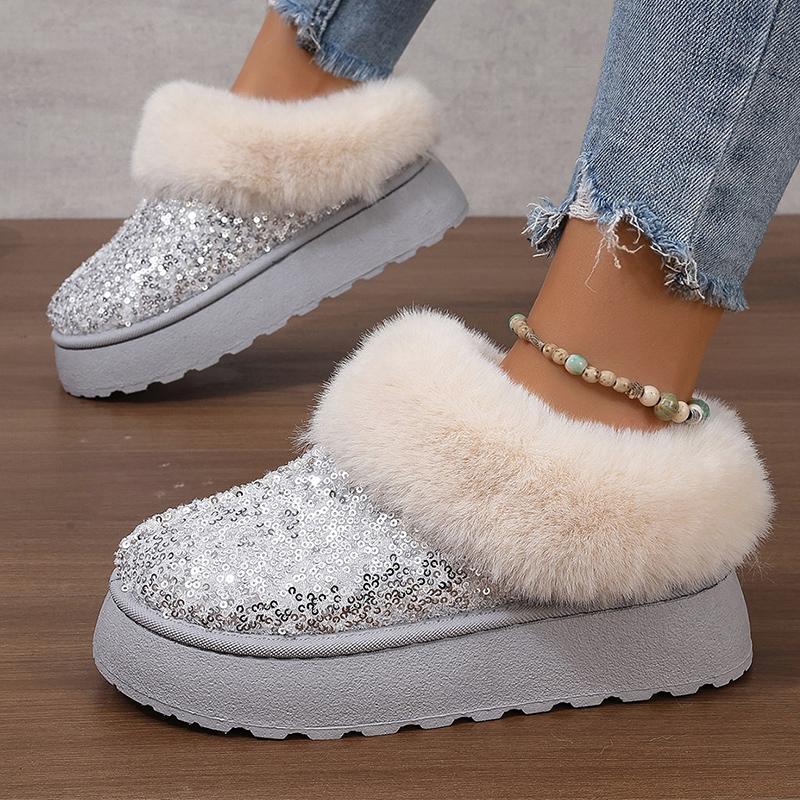 fashion Shiny Sequins Fluffy Plush Snow Boots Women's Warm Padded Slip On Short Boots Trendy Gold Thick Platform Faux Fur Boots