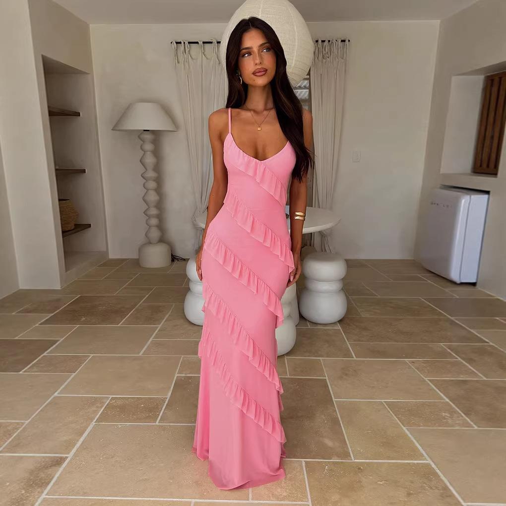 Spring/Summer Sexy Halter Suspender V-Neck Shoulder Slim Side Slit Dress Long Dress