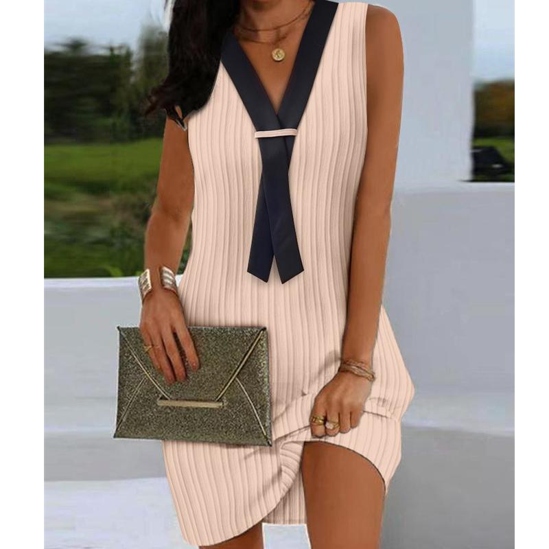 

2023 Лето Новое Повседневное Контрастное Фальшивое Галстук Патч Без Рукавов Повседневное Контрастное Плиссированное Платье