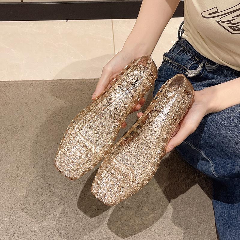 Korean-Style Low-Cut Crystal Flat Sandals & Slip-On Jelly Shoes with Square Toe