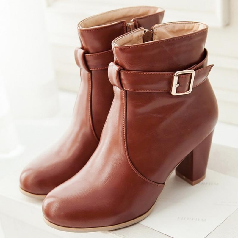 

Женские ботильоны Осень Весна Высокие каблуки Короткие ботинки для женщин Коричневые Черные Модные Пряжка Вечерние туфли Женские Большой размер 45 47 39 коричневый