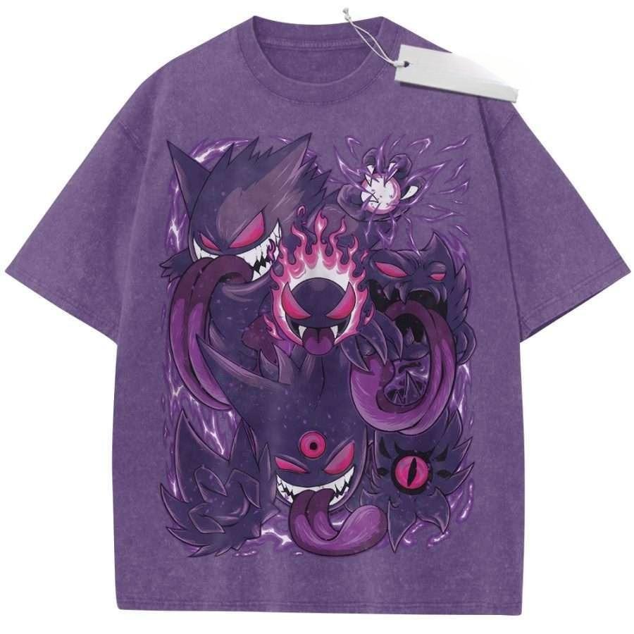 Vintage Washed Black TShirt Pokemon Anime Gengar Shadow Ball Print Purple Design Oversized Streetwear for Casual Daily Campus