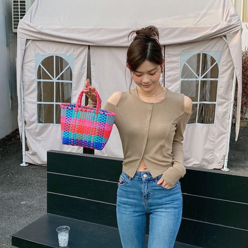 Bohemian Style PVC Vegetable Basket Bag Vacation Style Plastic Handbag Casual Beach Bag Streetwear