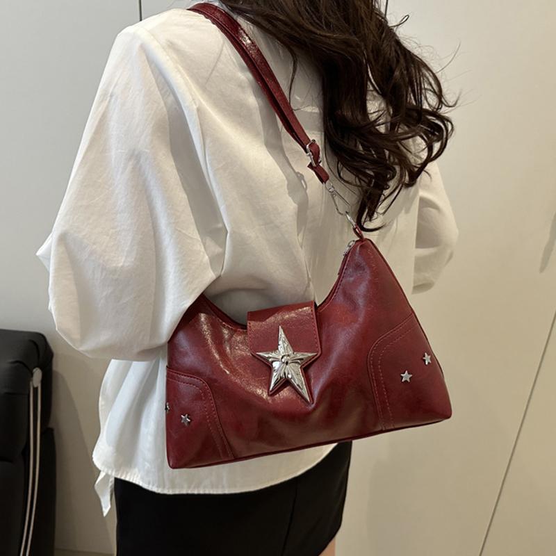 Women PU Star Decor Shoulder Bag Chic Hobo Bag Large Capacity Fashion Crossbody Bag Solid Color Sweet Underarm Bag AVE