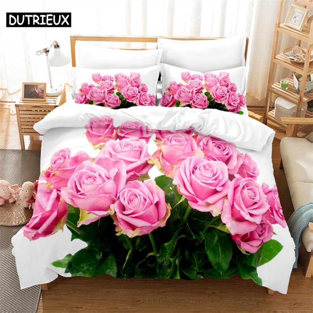 Pink Rose Queen Bedding Set Boys Girls Duvet Cover Bedroom Bed Set Comforter Cover Set King Size Duvet Cover Set Bedding Sets