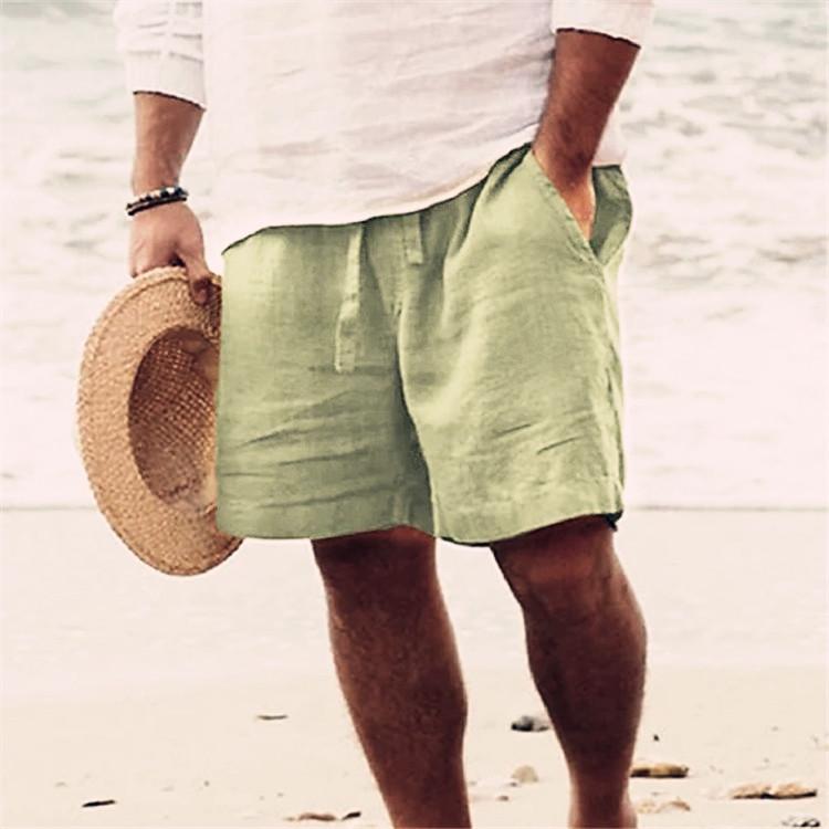 Men's 2025 Summer Cotton Linen Shorts: Elastic Waist, Straight Leg, Solid Color, Breathable, Casual Beach Mid-Shorts