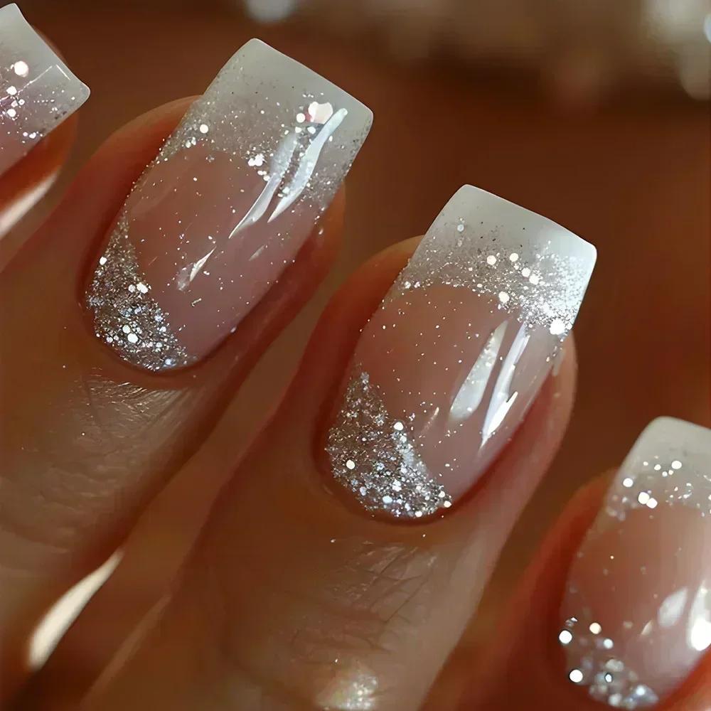 

24Pcs Medium Short Square False Nails Glittering Nail Art White Wearable Fake Nail Silver French Full Cover Press on Nail Tips 1