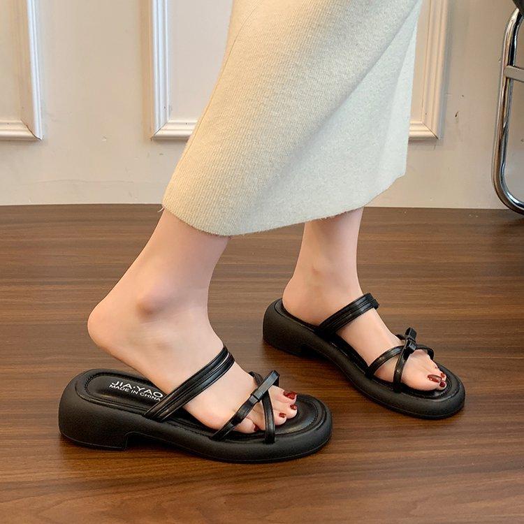Silver bow slippers women's summer wear new fashion sandals with skirt thick heel cool slippers