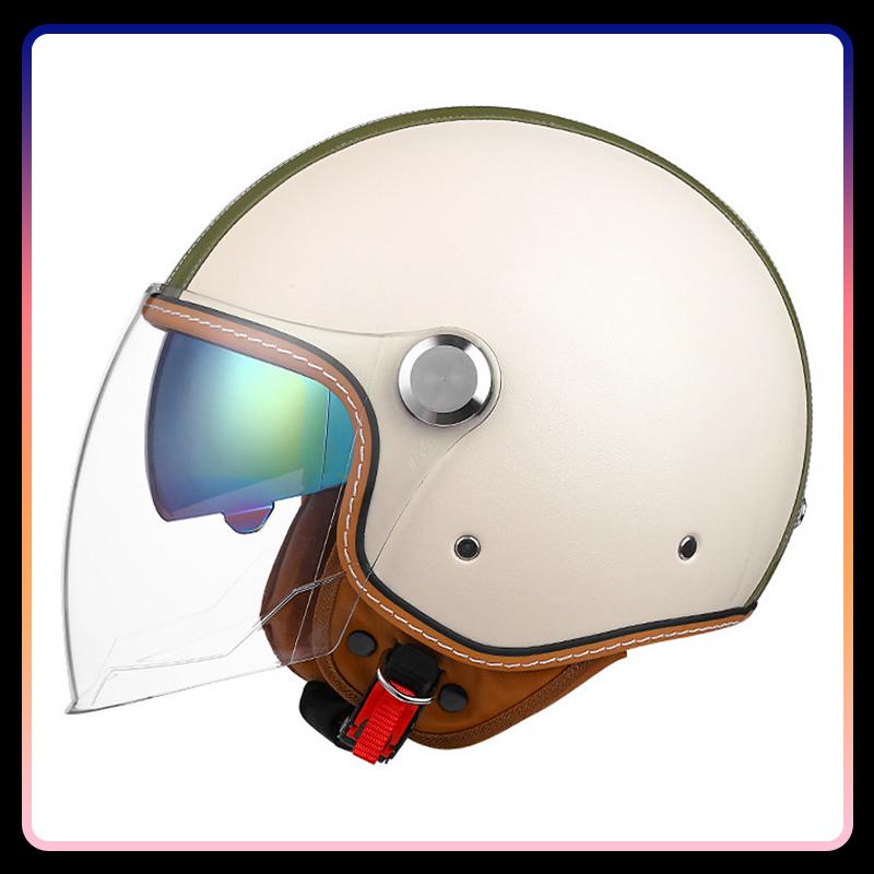 Daul Lens Open Face Motorcycle Helmets Leather Retro 3/4 Jet Moto Helmet with Double Visor Safety Riding 3/4 Half Helm DOT