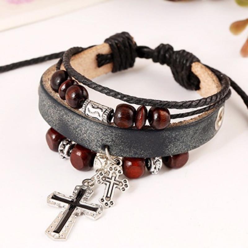 Beaded cross leather bracelet real leather bracelet punk style