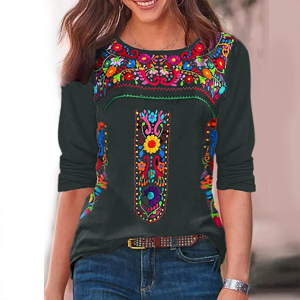 Women's  Ethnic Bohemian Print Round Neck Long Sleeve Loose T-Shirt