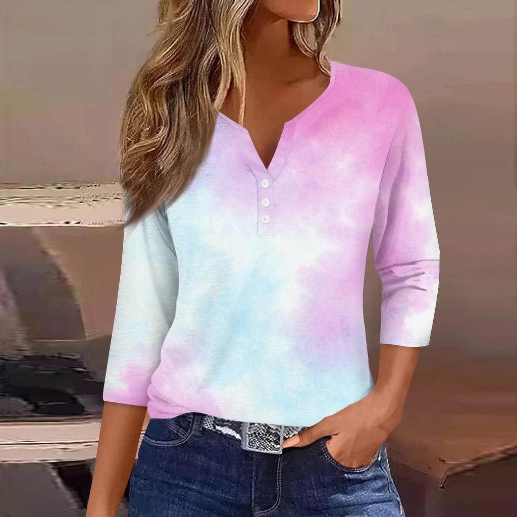 Women's T Shirt Tee Print Button 3/4 Sleeve Daily Weekend Fashion Basic V- Neck Regular Top