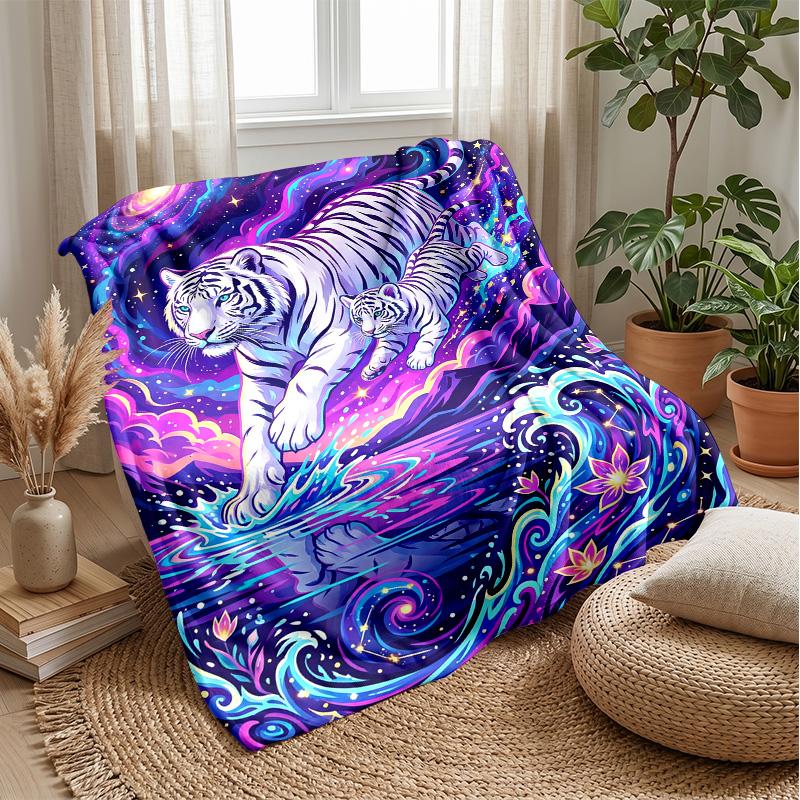 Cosmic Tiger Journey Blanket Personalized Name Flannel Blanket Soft Cozy Plush Throw for Sofa Bed Lightweight Home Decor