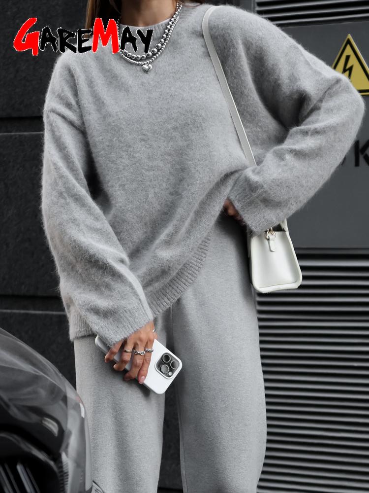 Autumn Winter Women's Knitted Sweater Wool Mohair Thin Gray Jumper Oversize Basic Pullover Women Red Vintage Sweaters for Women