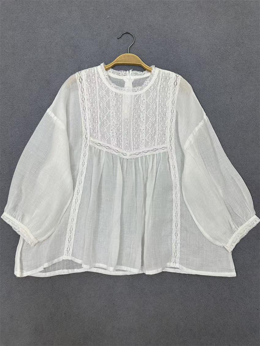 

Johnature Summer Retro Pullover Lace Loose Three-quarter-sleeved Shirt Casual Thin Simple Women Blouses One Size белый
