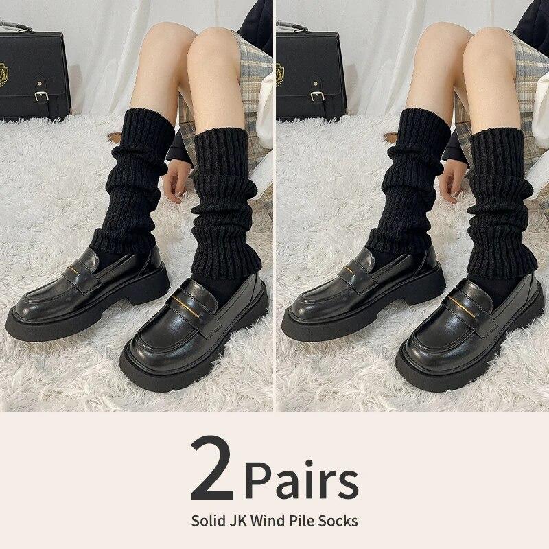 2 Pairs of Women's Four-season Autumn and Winter Solid Color Harajuku Fashion Wear Trendy Simple JK College Style Pile Socks