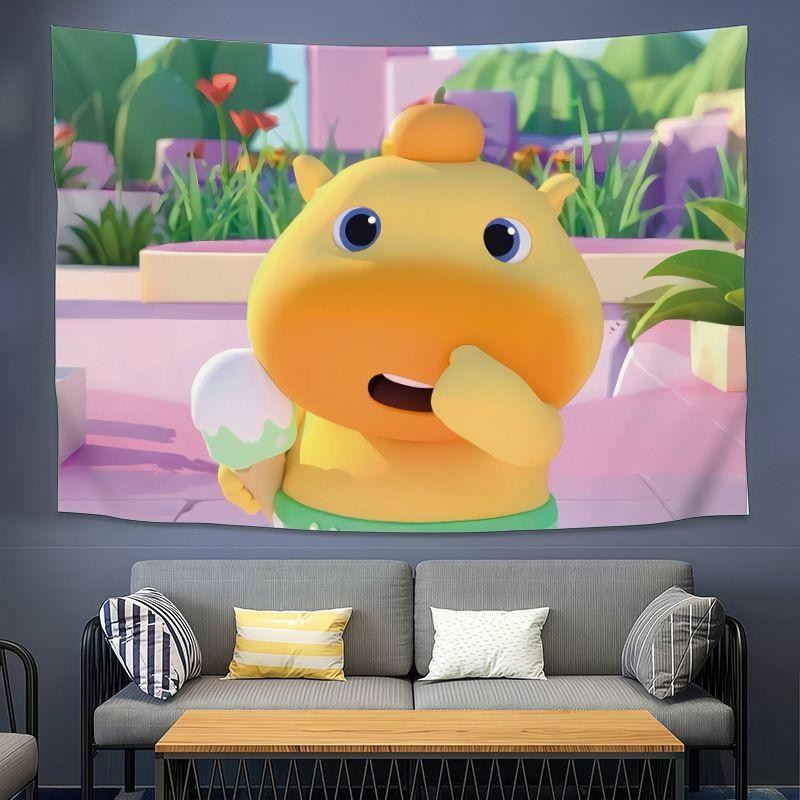 Cute Yellow Dragon CAPYLULU Wall Tapestry Cartoon Character Orange On Head Heart Music Note Kawaii Kids Room Home Decor