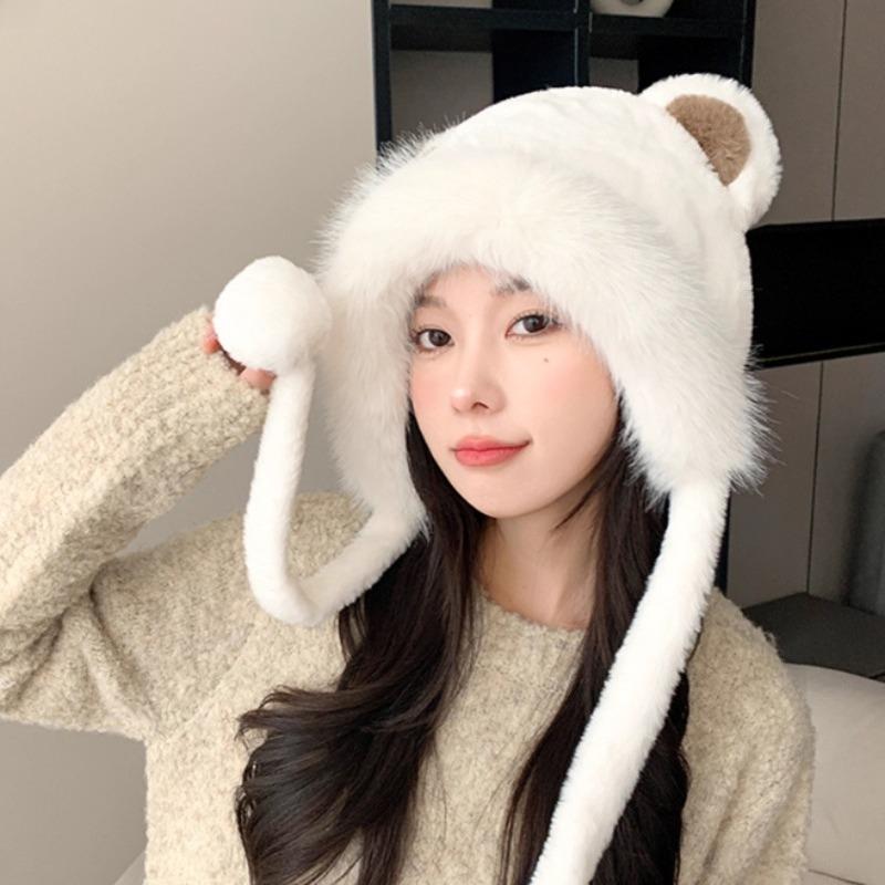Cute Bear Plush Hat for Women Winter Thickened Fleece Ear Protection Hat Windproof Warm Caps Fall Winter Cold Weather Essentials