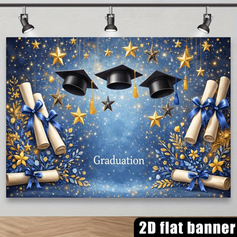 2D flat banner, 1 piece A 2D flat banner featuring a graduation celebration theme, with a blue starry sky background.