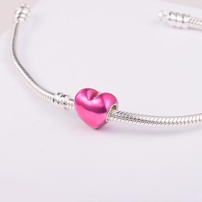 2022 Valentine's Day 925 Sterling Silver Metallic Pink Heart Charm Fits Europe Bracelets Woman DIY Beads for Jewelry Making