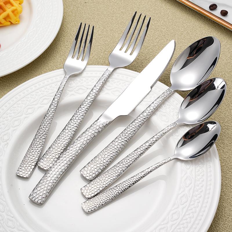 High-End 304 Stainless Steel Hammered Knife, Fork, and Spoon Set - Perfect for Steak, Restaurant, or Home Use
