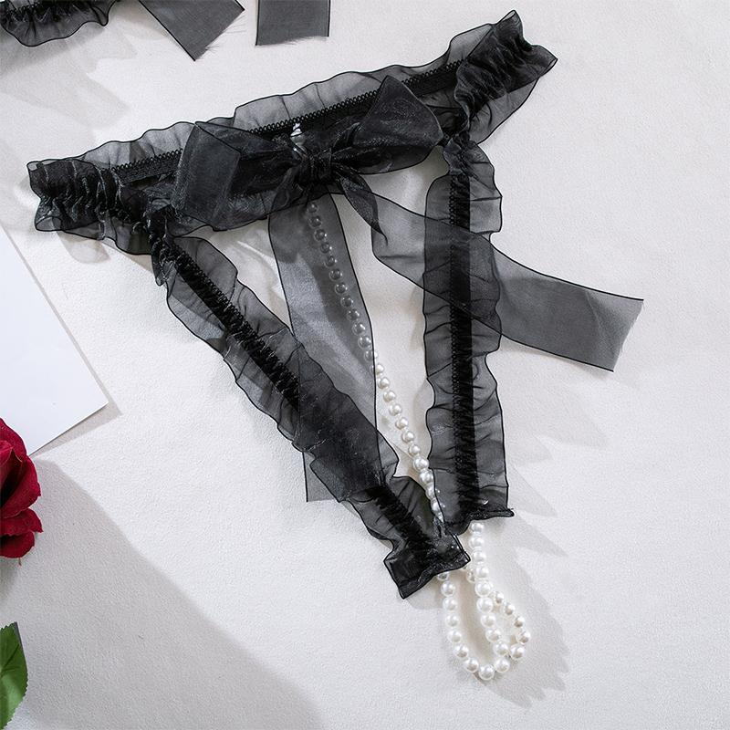 Erotic Lingerie Sexy Bra Pearl Bow Exposed Breast Panty Ribbon Underwear Set Woman Clothing Attractive Open Chest G-string Sets